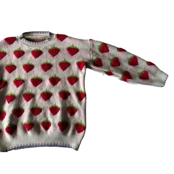 Vintage Handmade Womens Strawberry Knit Sweater Pink White Striped Pullover XS/S - Picture 8 of 9